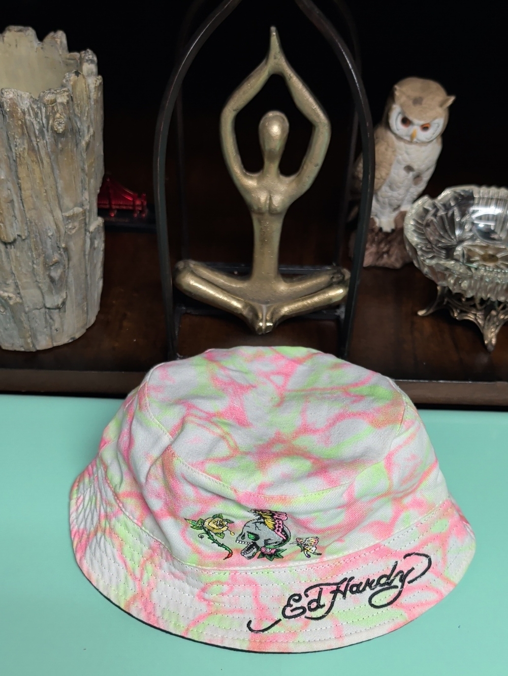 Ed Hardy Unisex Tie-Dye Pink & Green Bucket Hat with Embroidered Skull